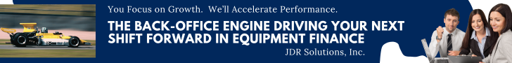 Hero image with an Indy racecar and three business professionals reviewing documents on a laptop, featuring the message ‘You focus on growth. We’ll accelerate performance.’ representing JDR Solutions’ equipment finance outsourcing services.